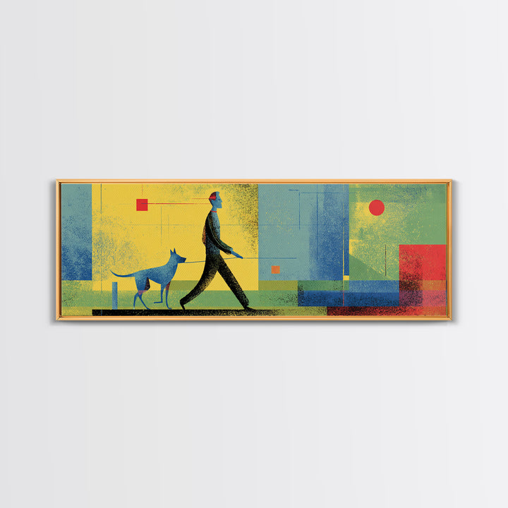 Textured Blue Dog Walker Wall Art, Mid Century Modern Canvas, Colorful Geometric Poster, Retro Abstract Living Room Decor