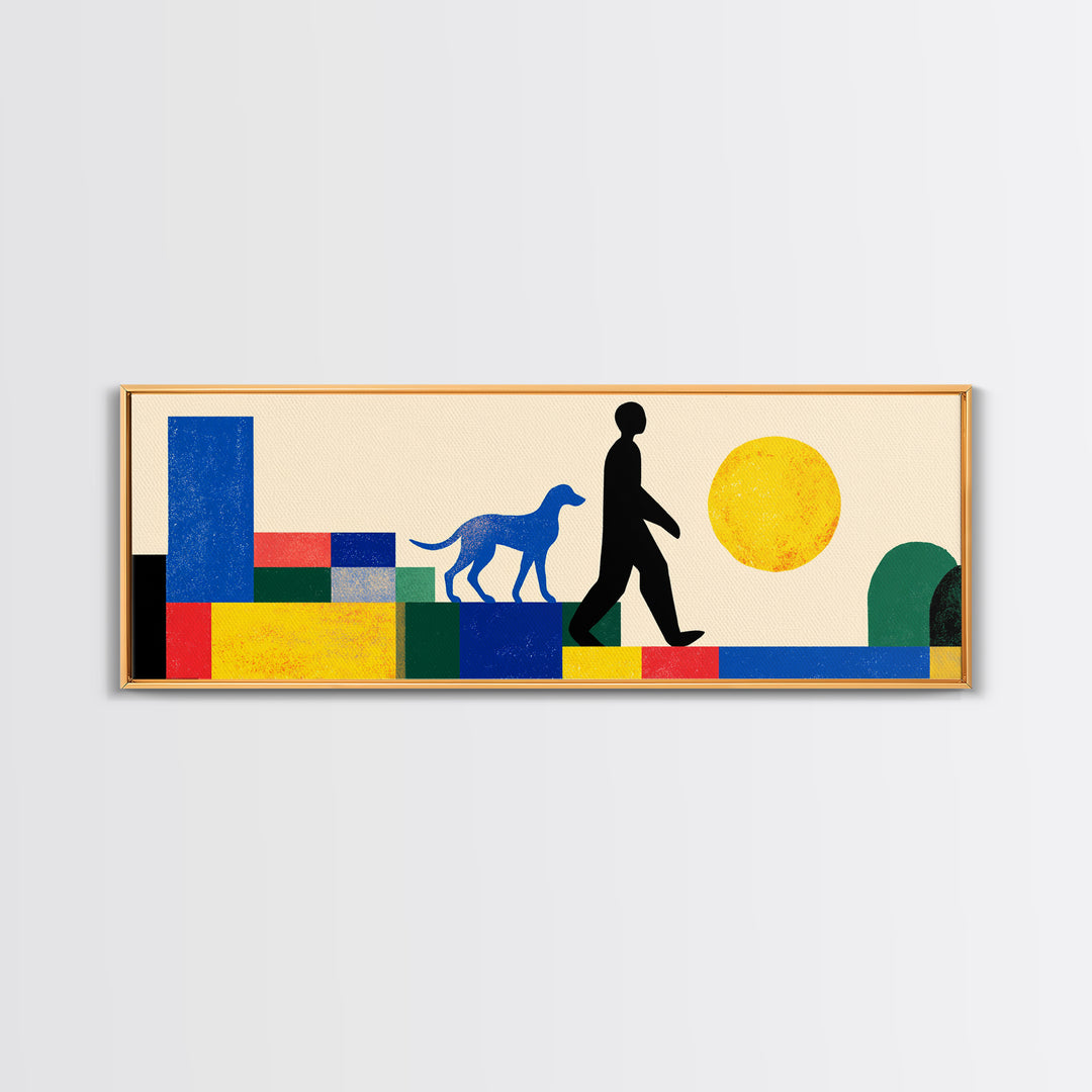 Sunny Geometric Dog Walker Wall Art, Mid Century Modern Canvas Print, Bold Primary Color Decor, Retro MCM Living Room Art