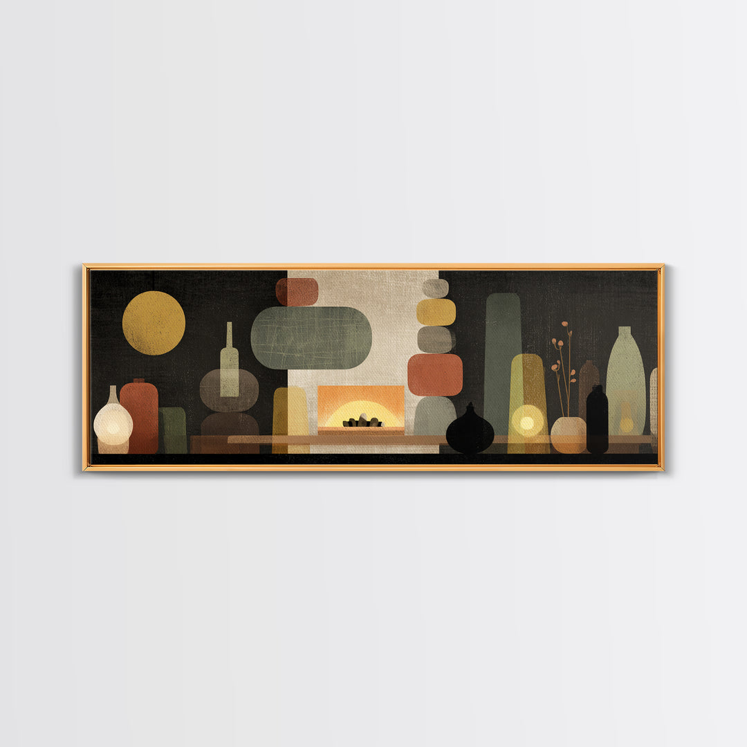 Glowing Fireplace Vessels Canvas Print, Midcentury Modern Wall Decor, Retro Abstract Art For Living Room, Office Decor, And Home Decor