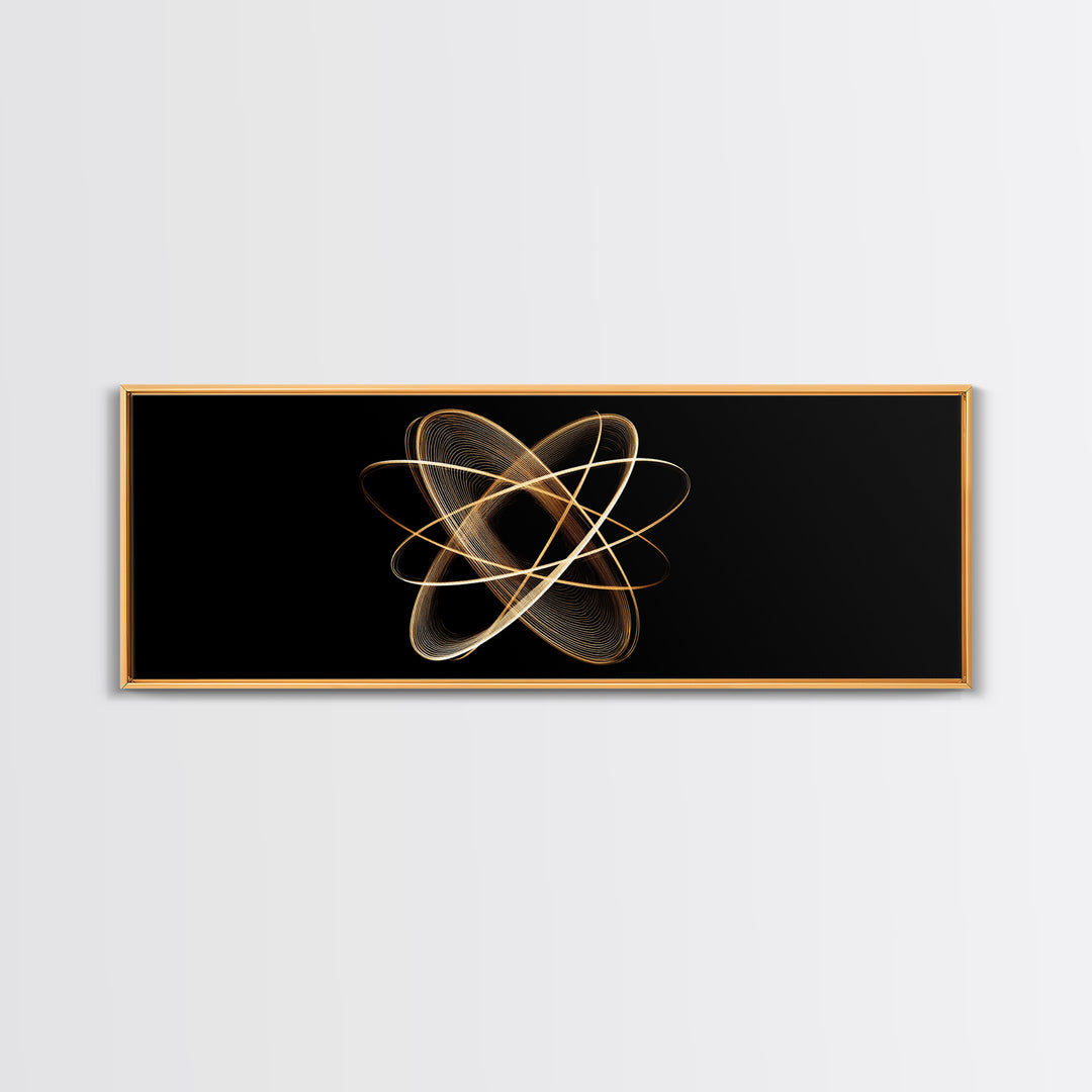 Gold Atomic Orbit Abstract Framed Canvas Print, Midcentury Modern Wall Art, Space Abstract Art, Retro Office Decor, Black Gold Decor