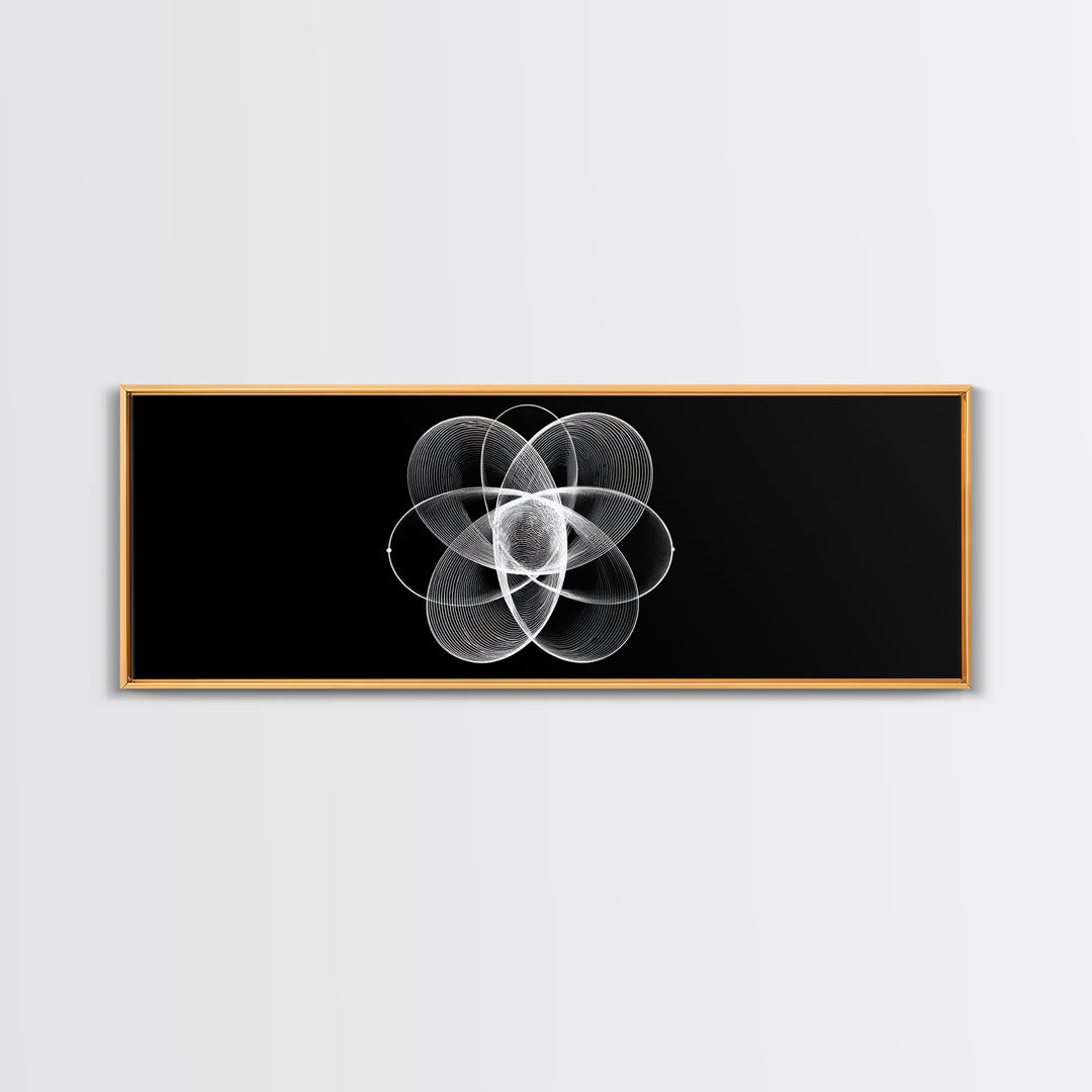 White Orbital Flower Abstract Wall Art, Modern Geometric Canvas, Black And White Midcentury Decor, Office Statement Print