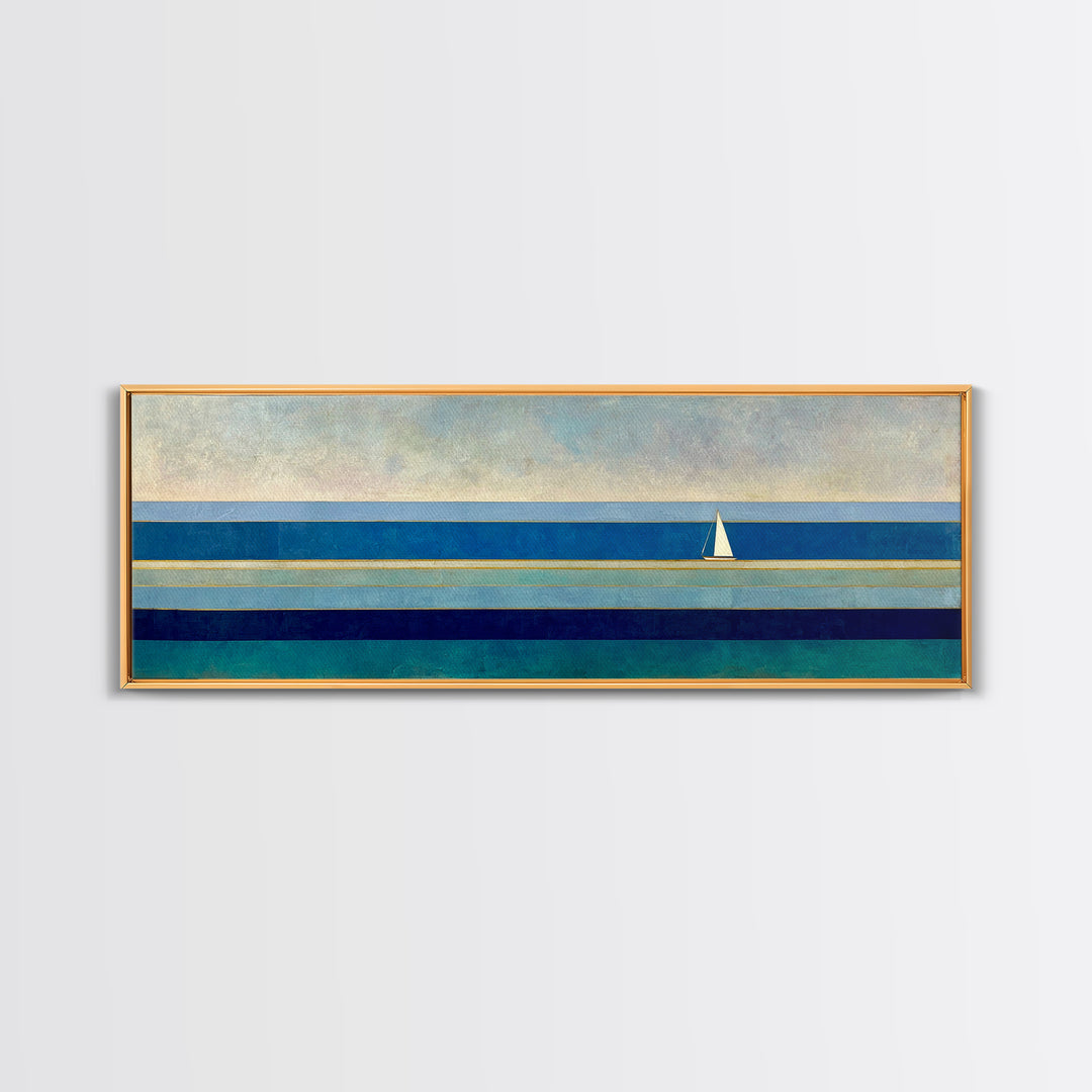 Minimal Sailboat Seascape Wall Art, Midcentury Modern Coastal Print, Blue Nautical Living Room Decor, Ocean Canvas Art Print