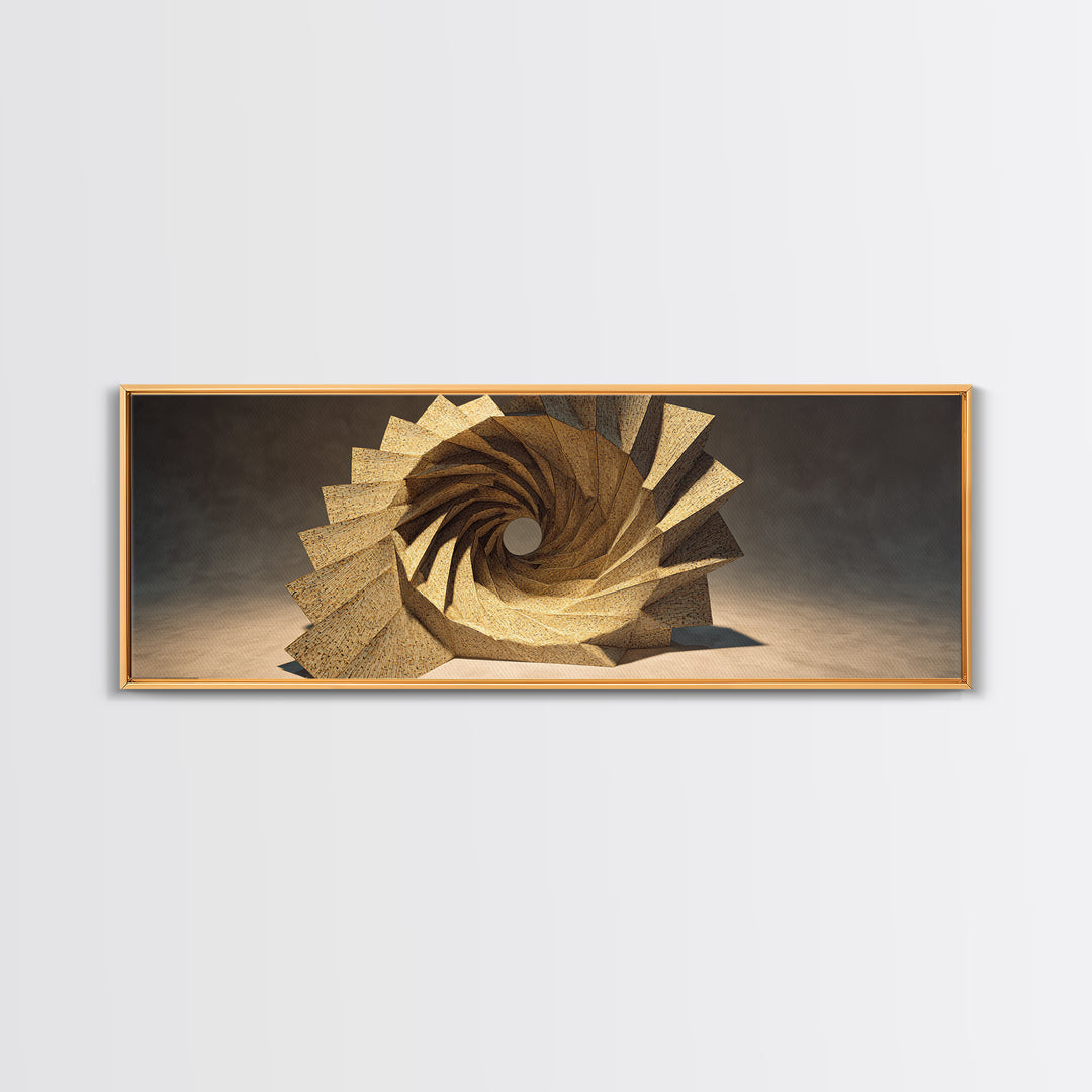 Golden Spiral Vortex Sculpture Framed Canvas Print, Modern Sculpture, Geometric Wall Art, Abstract Decor, Statement Piece