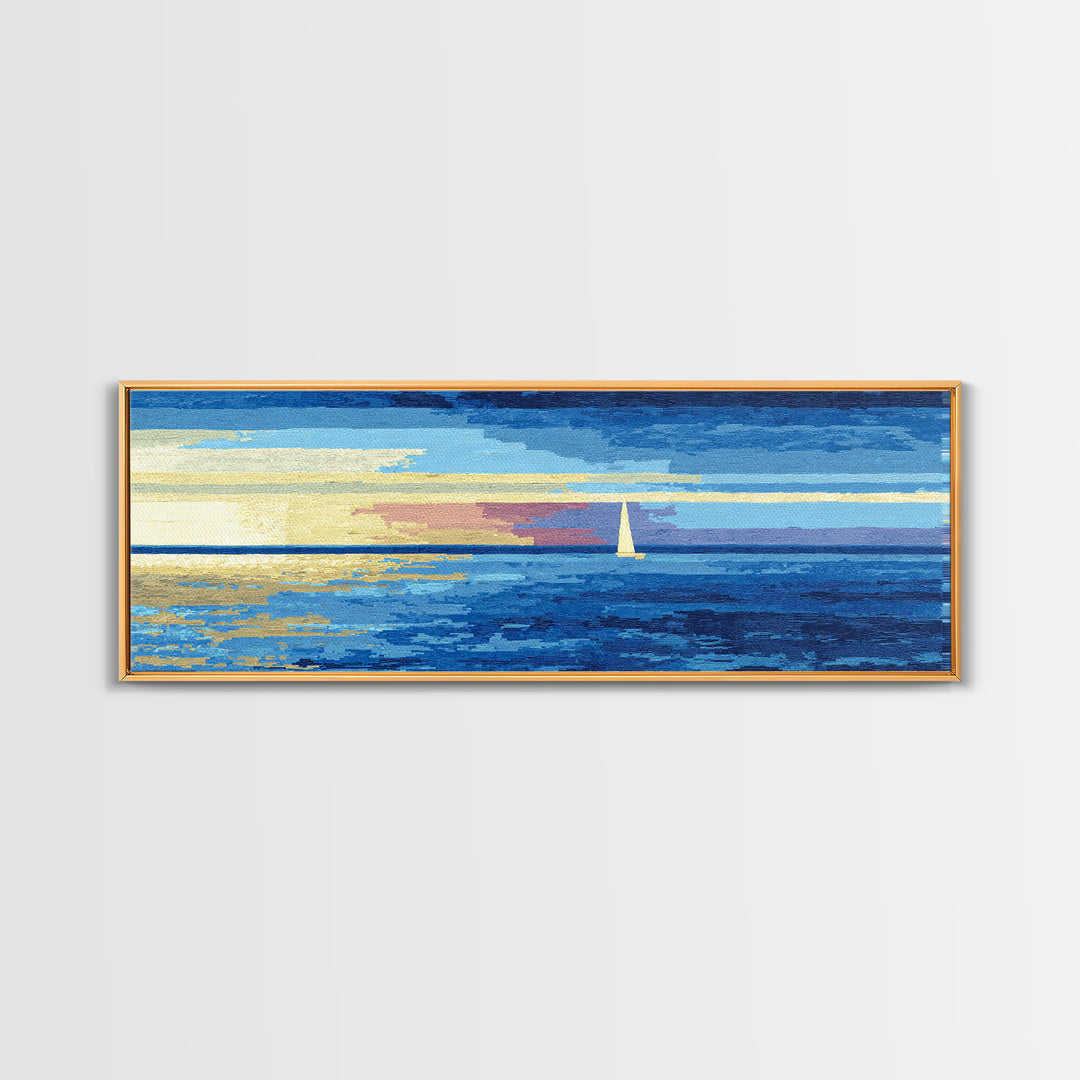 Blue Sailboat Ocean Horizon Canvas Print, Modern Coastal Wall Art, Nautical Seascape Decor, Calm Living Room Artwork Print