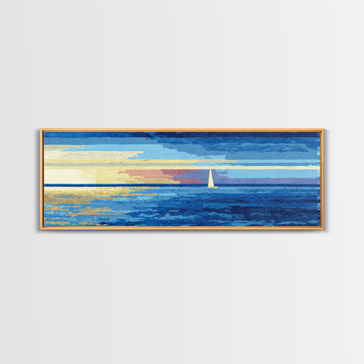 Blue Sailboat Ocean Horizon Canvas Print, Modern Coastal Wall Art, Nautical Seascape Decor, Calm Living Room Artwork Print