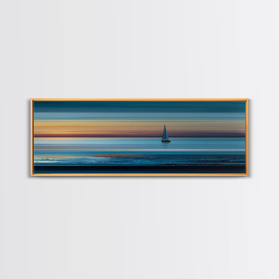 Lone Sailboat At Teal Sunset Seascape Wall Art, Panoramic Ocean Canvas, Coastal Living Room Decor, Modern Blue Art Print