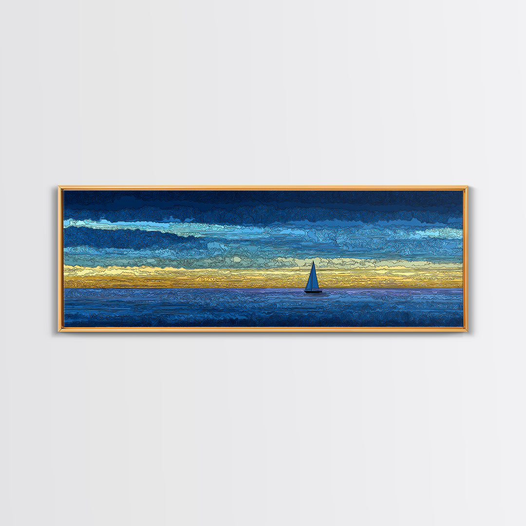 Tiny Sailboat On Golden Blue Horizon Canvas Print, Panoramic Seascape Wall Decor, Coastal Modern Art For Living Room Decor