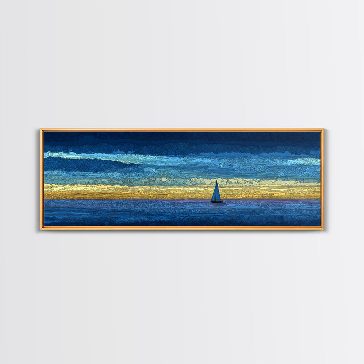 Tiny Sailboat On Golden Blue Horizon Canvas Print, Panoramic Seascape Wall Decor, Coastal Modern Art For Living Room Decor