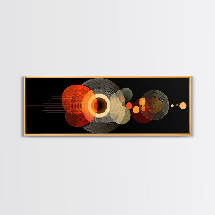Orange Optical Circles On Black Wall Art, Midcentury Modern Geometric Canvas Print, Atomic Abstract Retro Home Decor Poster