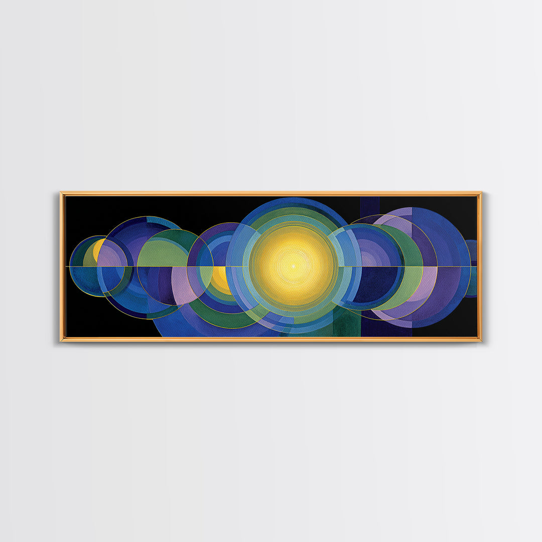 Radiant Yellow Center With Blue Green Circles Wall Art, Midcentury Modern Canvas Print, Geometric Abstract Statement Decor