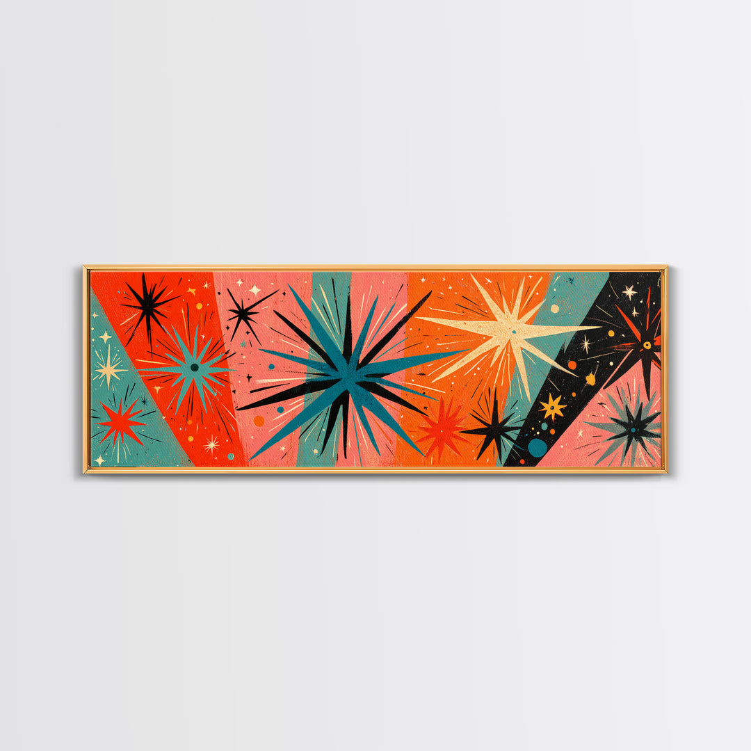 Orange Teal Atomic Starbursts On Coral And Black Canvas Print, Midcentury Modern Wall Art, Retro 50s 60s Home Decor Poster