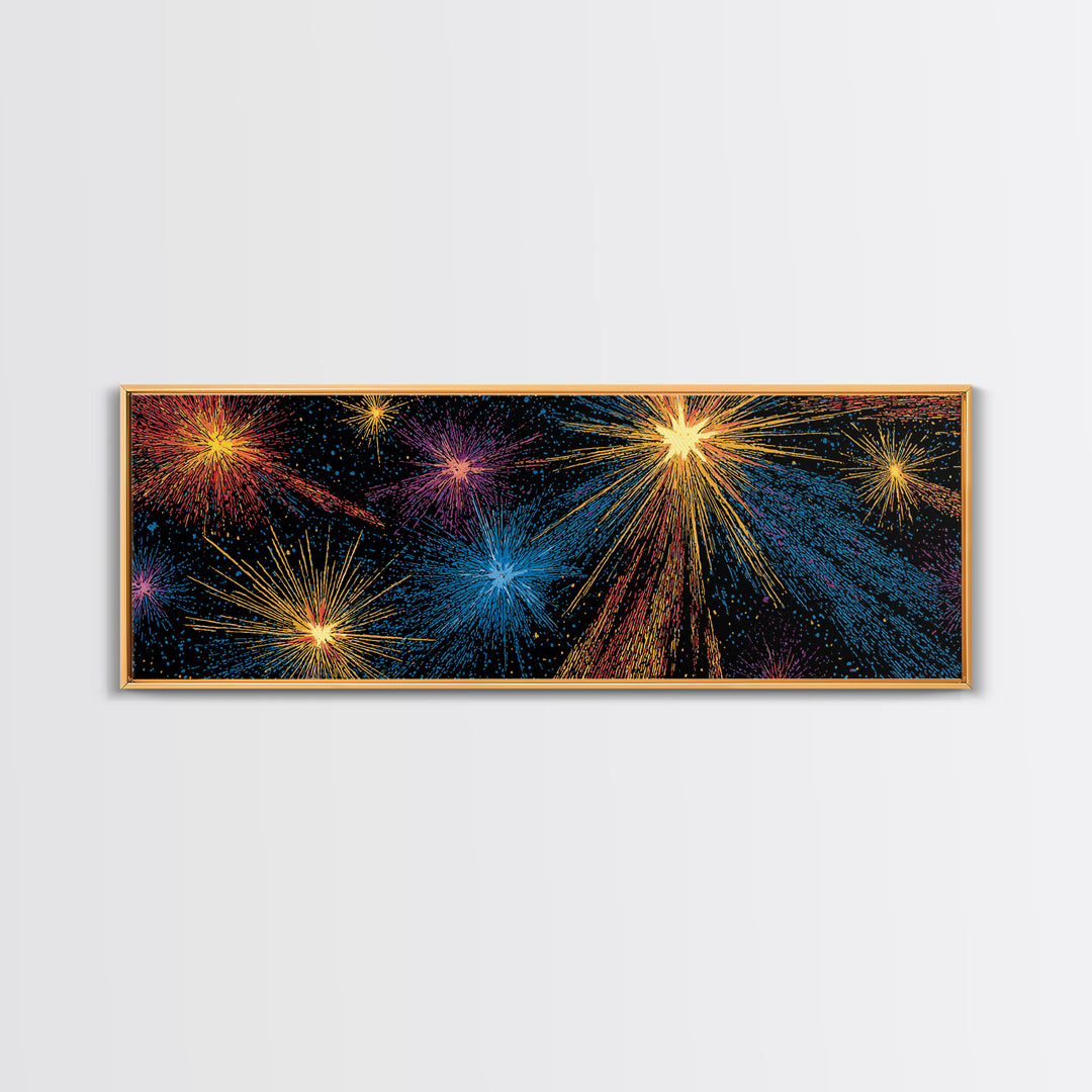 Dark Cosmic Fireworks With Blue Orange Purple And Gold Canvas Print, Retro Space Abstract Wall Art, Midcentury Modern Decor