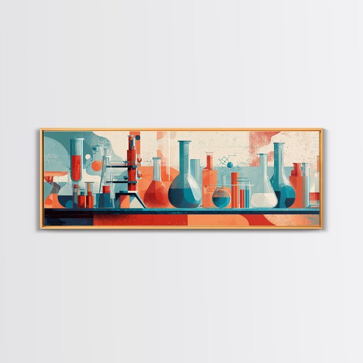 Teal And Coral Science Lab Framed Canvas Print, Mid Century Modern Chemistry Wall Art, Retro Abstract Office Decor Poster