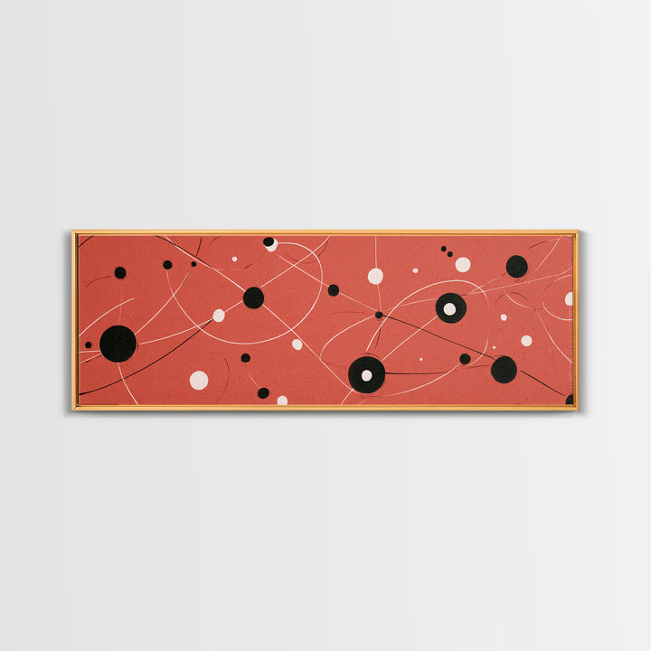 Coral Atomic Orbit Abstract With Black And White Dots, Midcentury Modern Wall Art, Retro Space Poster, MCM Home Decor, Large Canvas Print