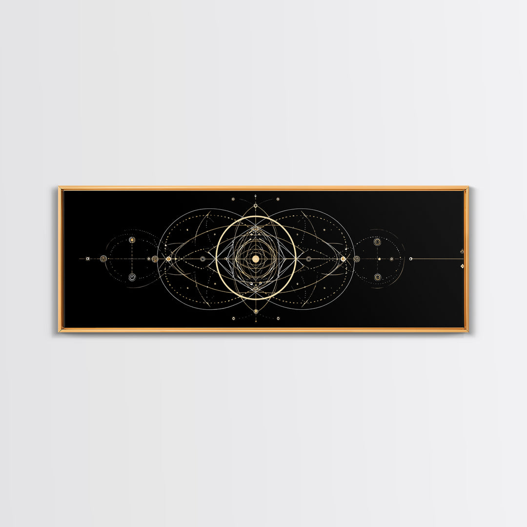 Gold Sacred Geometry Mandala On Black, Spiritual Wall Art, Modern Abstract Art Print, Celestial Framed Canvas Print, Home Decor