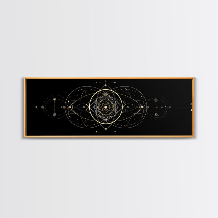 Gold Sacred Geometry Mandala On Black, Spiritual Wall Art, Modern Abstract Art Print, Celestial Framed Canvas Print, Home Decor