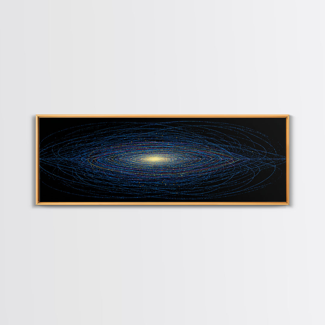 Blue Orbital Galaxy Lines On Black With Yellow Center, Space Abstract Wall Art, Modern Digital Art Print, Sci Fi Canvas Print