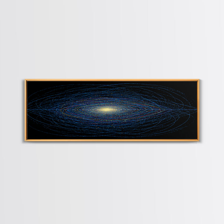 Blue Orbital Galaxy Lines On Black With Yellow Center, Space Abstract Wall Art, Modern Digital Art Print, Sci Fi Canvas Print