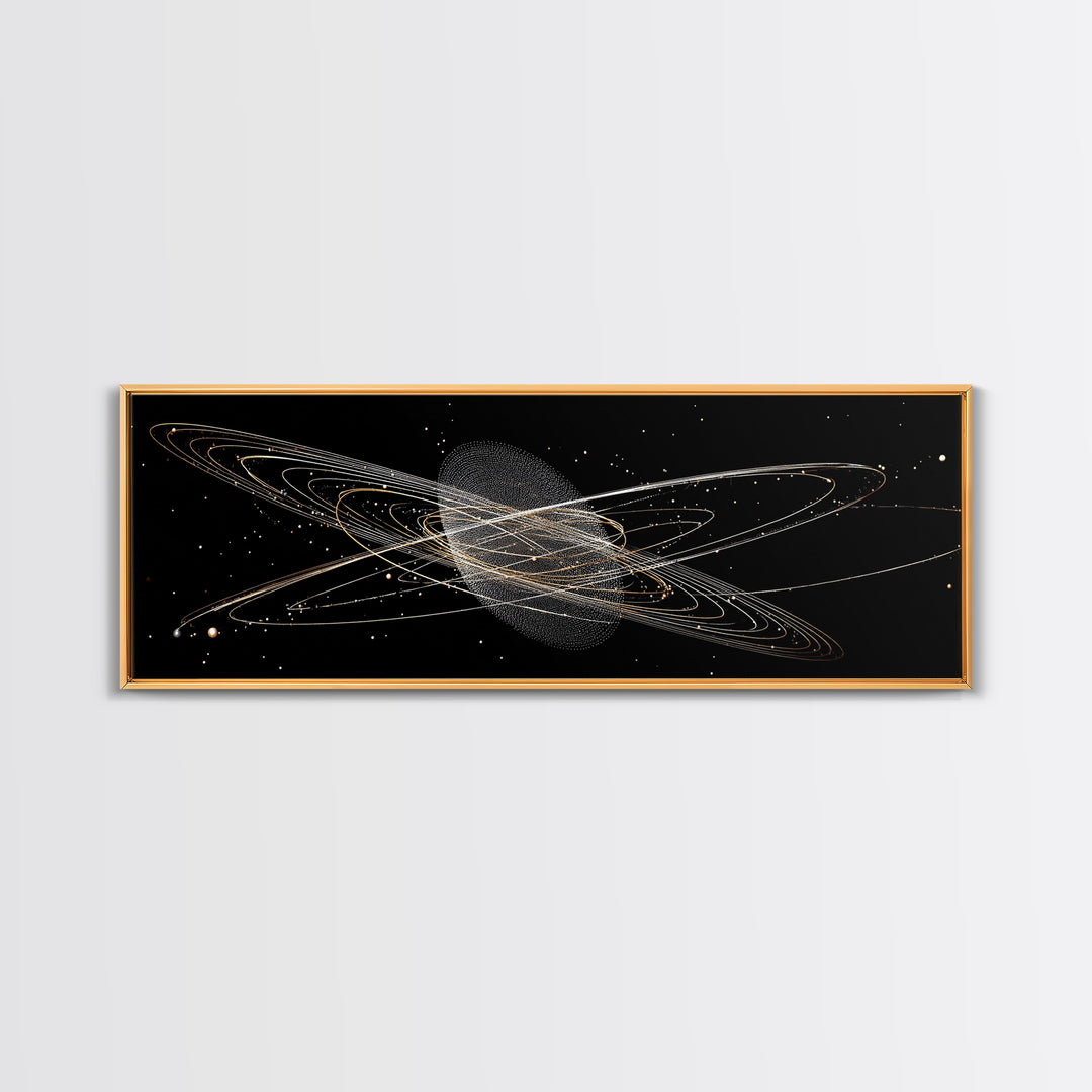 Golden Saturn Orbit Particle Rings On Black, Cosmic Wall Art, Modern Abstract Art Print, Space Framed Canvas Print, For Office Decor