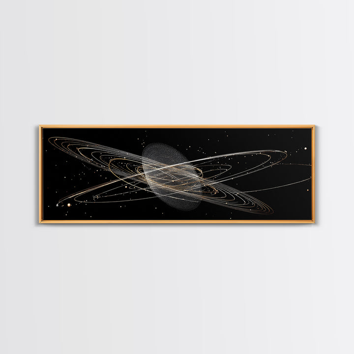 Golden Saturn Orbit Particle Rings On Black, Cosmic Wall Art, Modern Abstract Art Print, Space Framed Canvas Print, For Office Decor