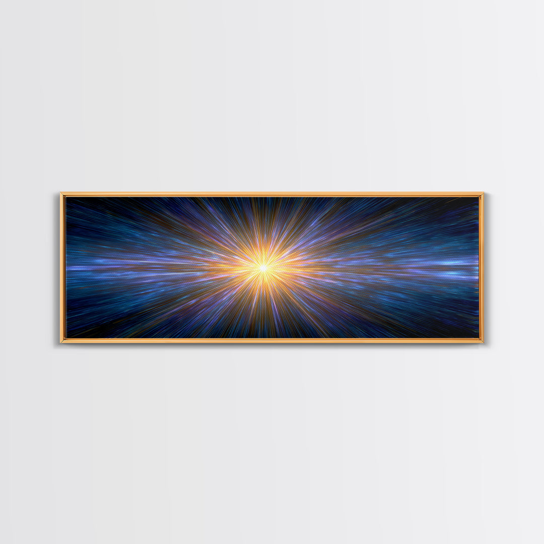 Radiant Blue And Gold Light Burst Horizon, Space Abstract Wall Art, Modern Digital Art Print, Sci Fi Canvas Print For Home