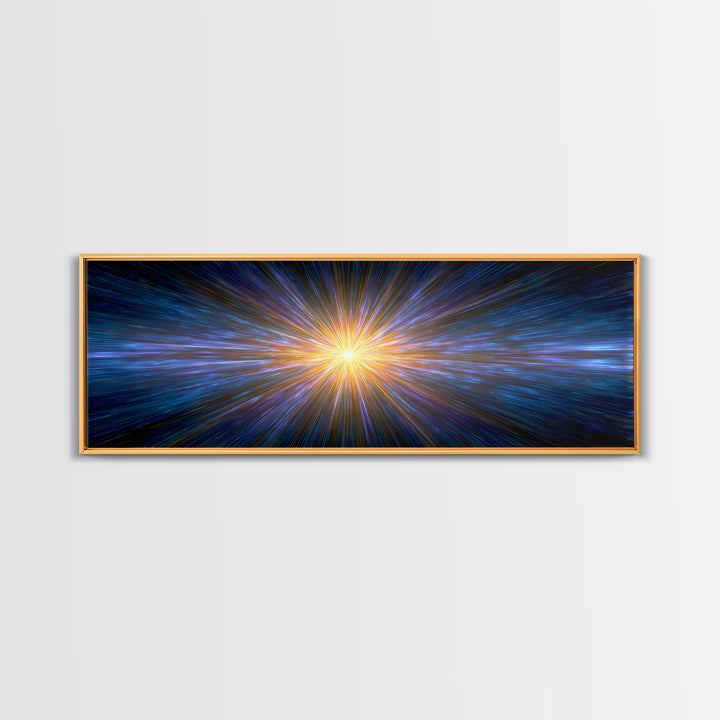 Radiant Blue And Gold Light Burst Horizon, Space Abstract Wall Art, Modern Digital Art Print, Sci Fi Canvas Print For Home