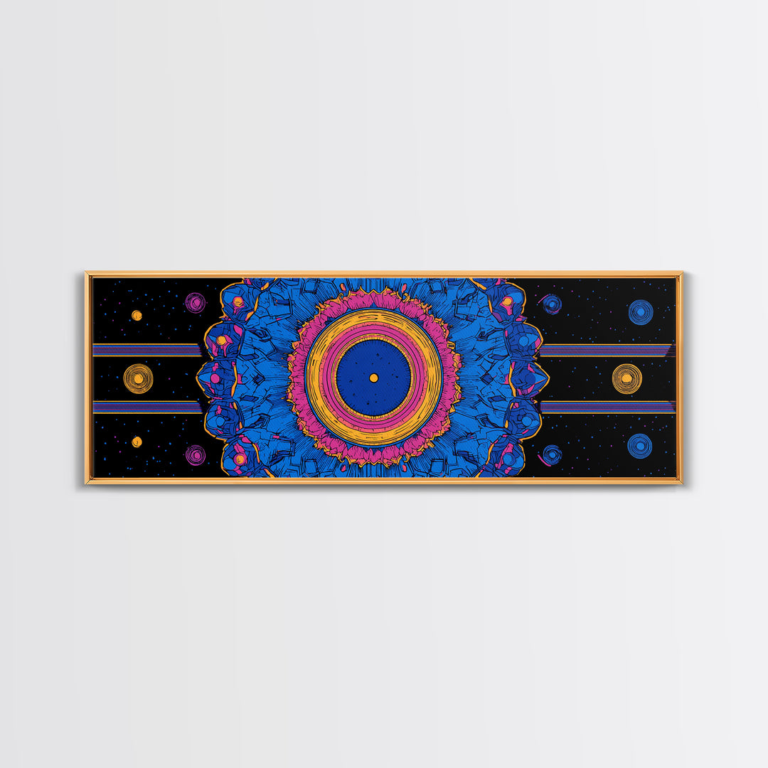 Blue Pink Cosmic Mandala Canvas Print, Psychedelic Abstract Wall Art, Retro Space Poster, Modern Geometric Home Decor Print