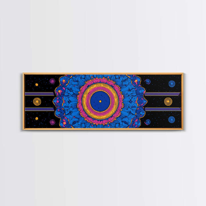 Blue Pink Cosmic Mandala Canvas Print, Psychedelic Abstract Wall Art, Retro Space Poster, Modern Geometric Home Decor Print