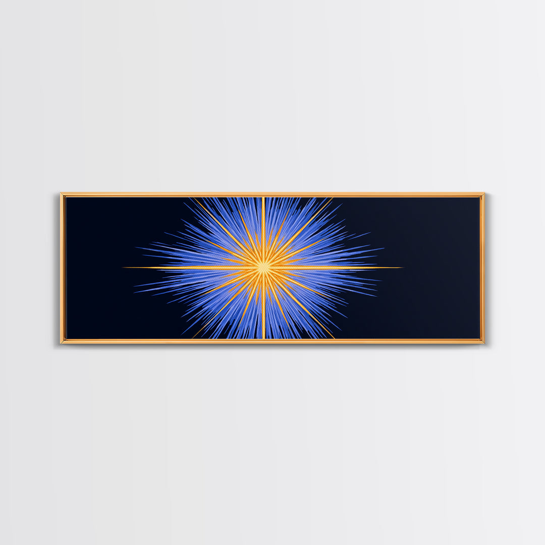 Blue Orange Radiant Starburst Canvas Print, Modern Abstract Wall Art, Cosmic Space Poster, Bold Geometric Living Room Decor