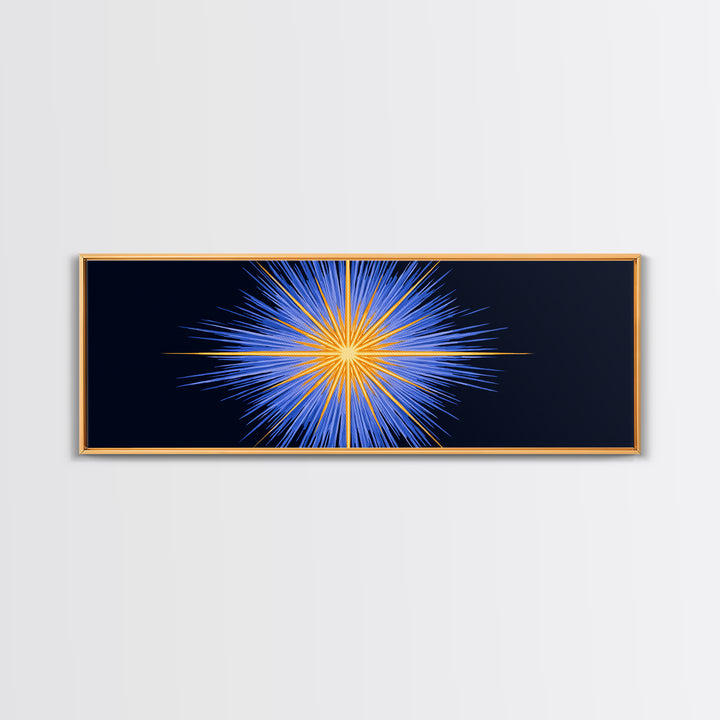 Blue Orange Radiant Starburst Canvas Print, Modern Abstract Wall Art, Cosmic Space Poster, Bold Geometric Living Room Decor