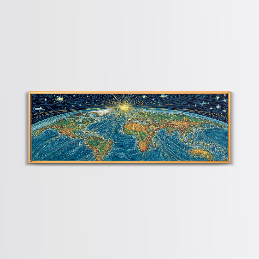 Radiant Earth From Space Wall Art, Midcentury Modern Map Poster, Cosmic Retro Illustration Canvas Print, Blue Home Decor