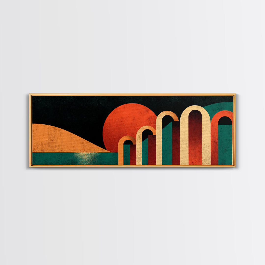 Desert Sunset With Teal Horizon And Retro Arches Canvas Print, Mid Century Modern Wall Decor, MCM Abstract Orange Art Poster