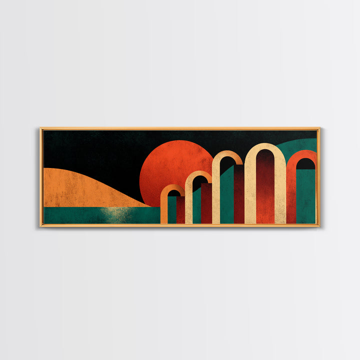 Desert Sunset With Teal Horizon And Retro Arches Canvas Print, Mid Century Modern Wall Decor, MCM Abstract Orange Art Poster