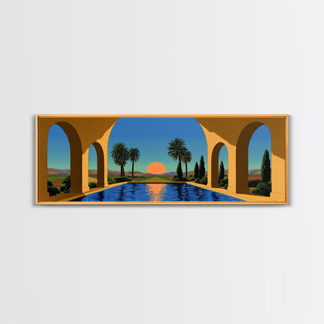 Palm Springs Pool With Golden Arches And Sunset Framed Canvas Print, Mid Century Modern Travel Poster Large Wall Art Decor