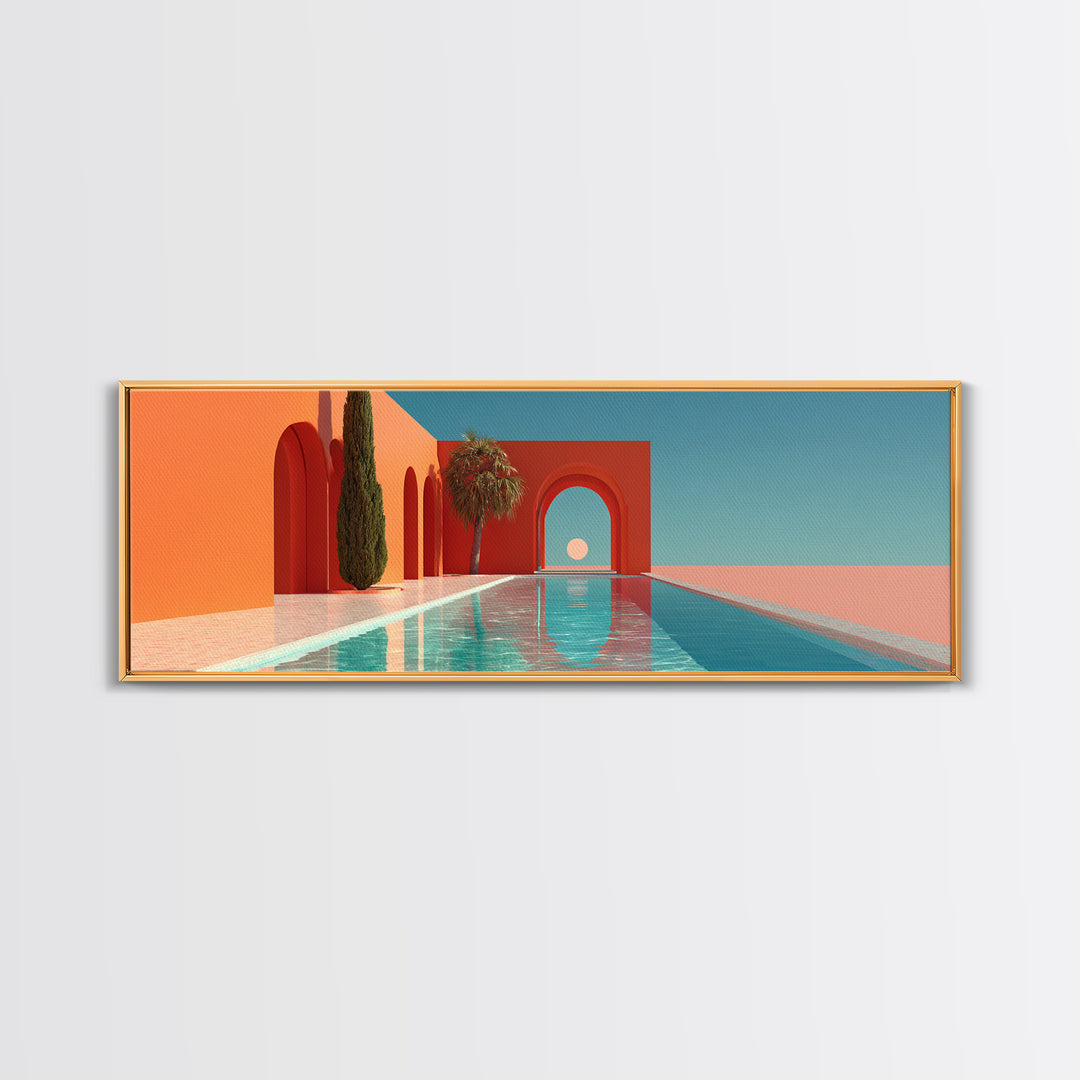 Red Arch Pool With Cypress Trees And Aqua Sky Canvas Print, Minimalist Mid Century Modern Wall Art, Palm Springs Decor Poster