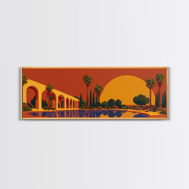 Orange Palm Oasis With Colonnade Pool And Giant Sun Framed Canvas Print, Mid Century Modern Wall Art, Retro Desert Decor