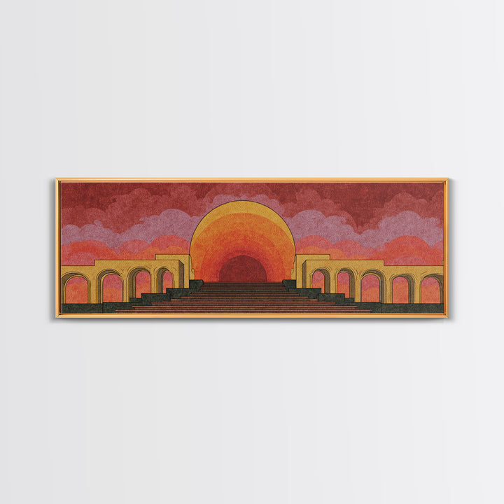 Monumental Sunset Theater With Arches And Stone Steps Canvas Print, Retro Mid Century Modern Wall Art, Orange Landscape Poster