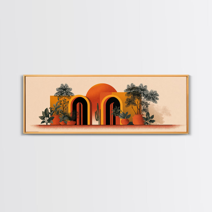 Potted Plants With Orange Sun And Rainbow Arched Doors Wall Art, Mid Century Modern Botanical Decor, MCM Desert Poster Print