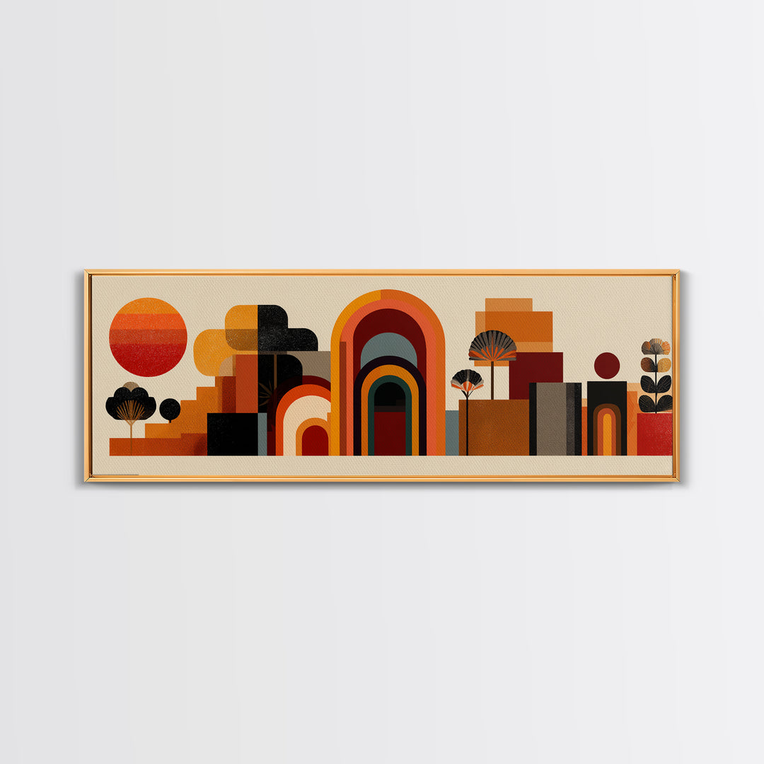 Abstract Desert Village With Arches, Sun, And Potted Plants Canvas Print, Mid Century Modern Wall Art, Geometric MCM Decor