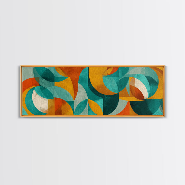 Teal Ochre Geometric Circles And Transparent Shapes Wall Art, Mid Century Modern Abstract Print, Bauhaus Colorblock Decor