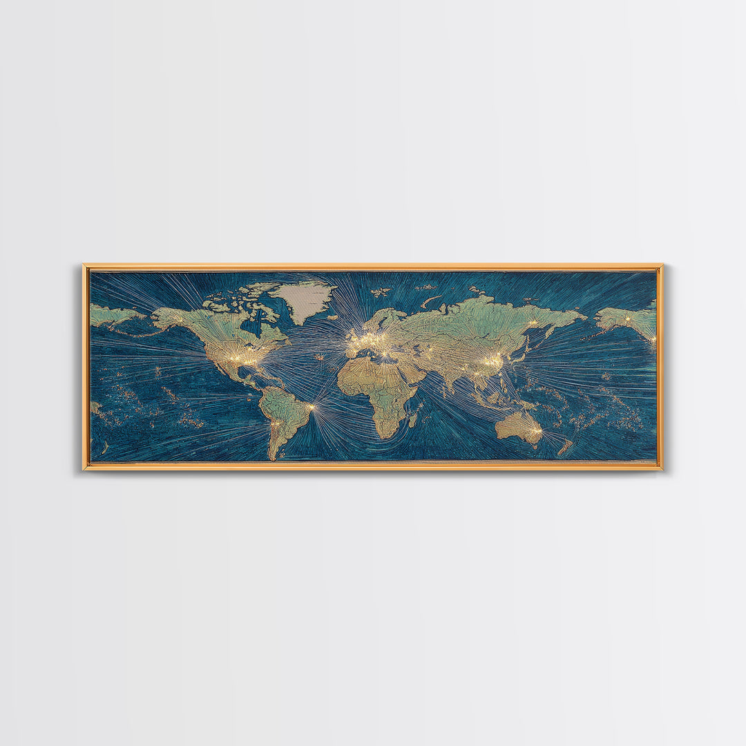 Blue Gold World Map Wall Art, Midcentury Modern Travel Poster, Geometric Global Lines Canvas Print, Office Wall Decor, Gift