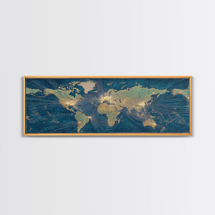 Blue Gold World Map Wall Art, Midcentury Modern Travel Poster, Geometric Global Lines Canvas Print, Office Wall Decor, Gift