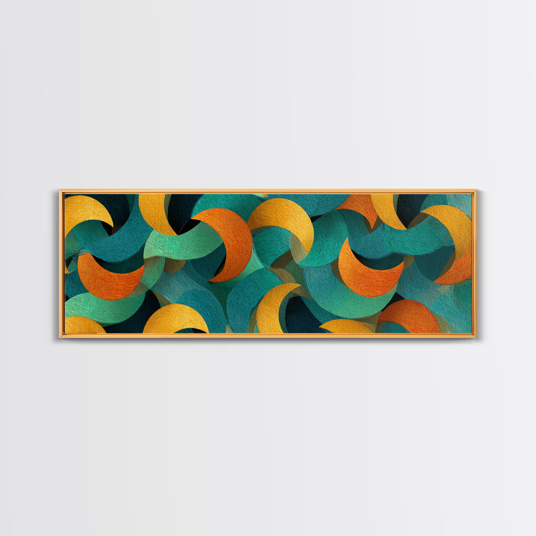 Layered Teal Orange And Gold Crescent Moon Shapes Canvas Print, Retro Mid Century Modern Wall Art, Abstract Pattern Decor