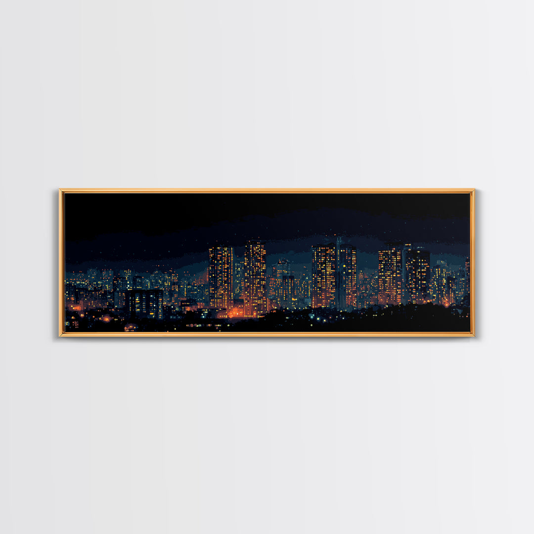 Glowing Night City Skyline Wall Art, Modern Urban Photography Print, Skyscraper Lights Poster, Apartment Living Room Decor