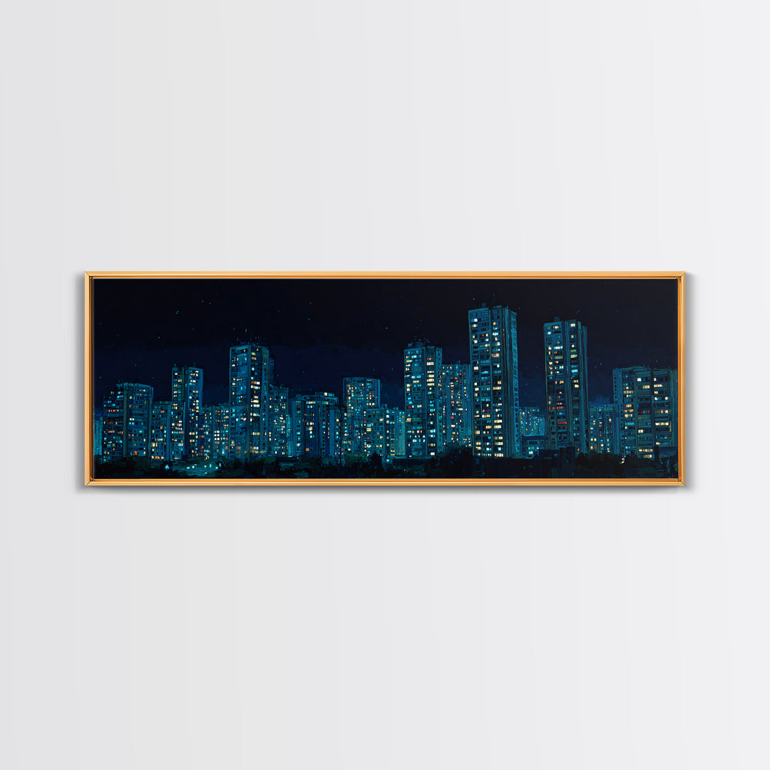 Blue Neon Night Skyline Canvas Print, Modern Cityscape Wall Art, Urban Skyscraper Poster, Contemporary Apartment Living Room Decor
