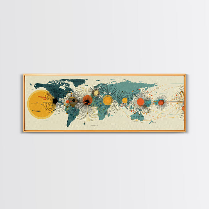 Solar System World Map Wall Art, Midcentury Modern Space Poster, Retro Planetary Lines Framed Canvas Print, Office Decor