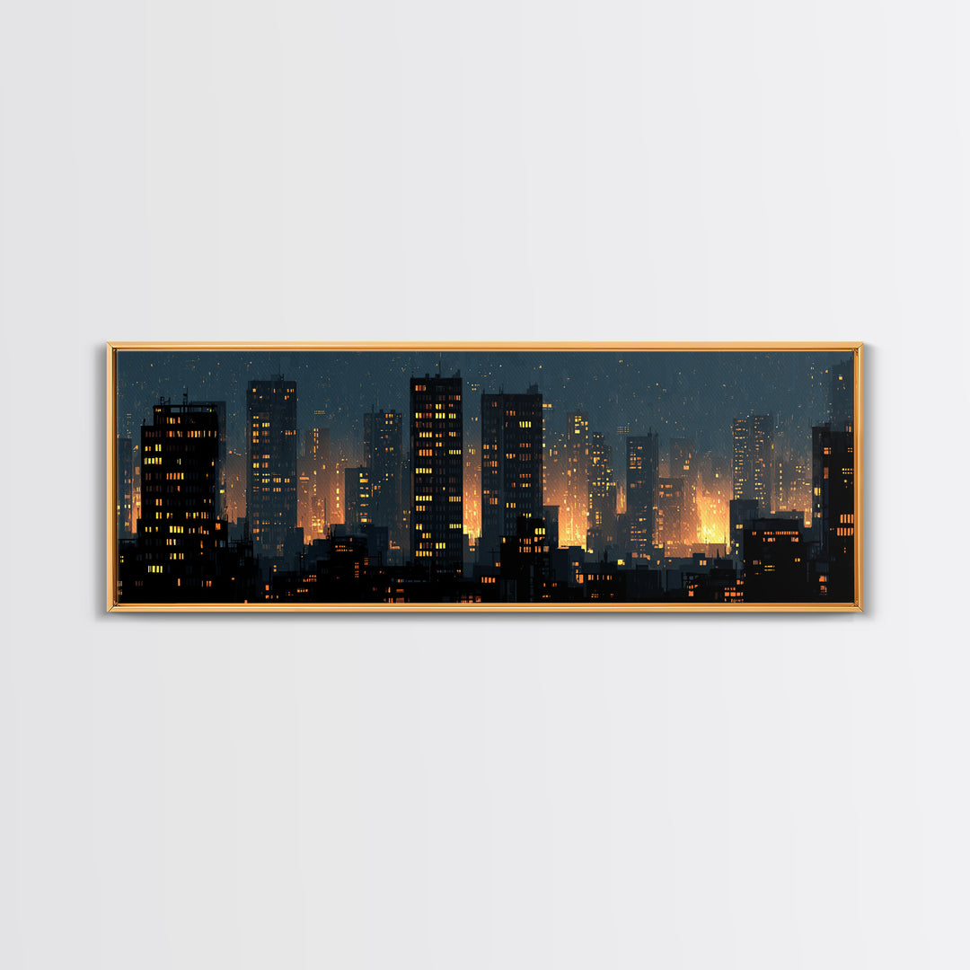 Rainy Night City Silhouette Wall Art, Moody Urban Skyline Print, Modern Skyscraper Lights Poster, Industrial Office Decor