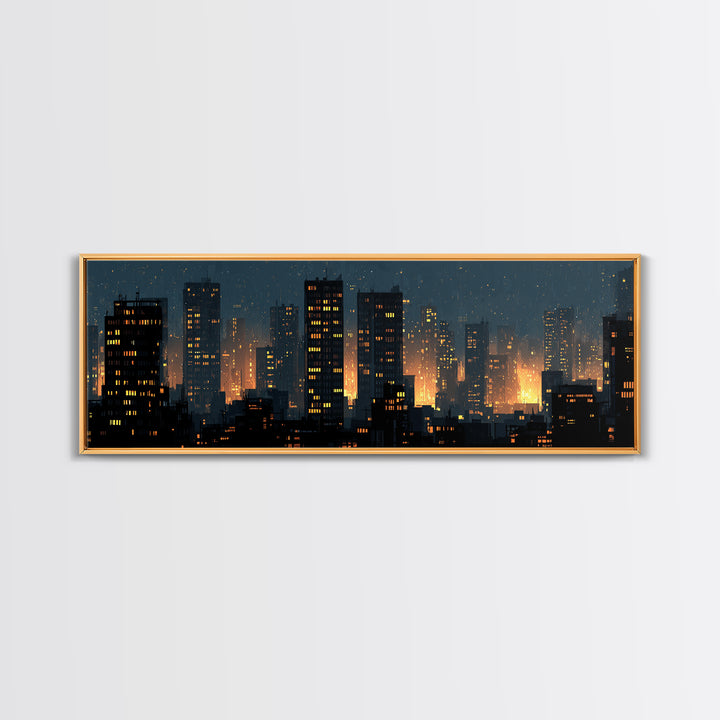 Rainy Night City Silhouette Wall Art, Moody Urban Skyline Print, Modern Skyscraper Lights Poster, Industrial Office Decor