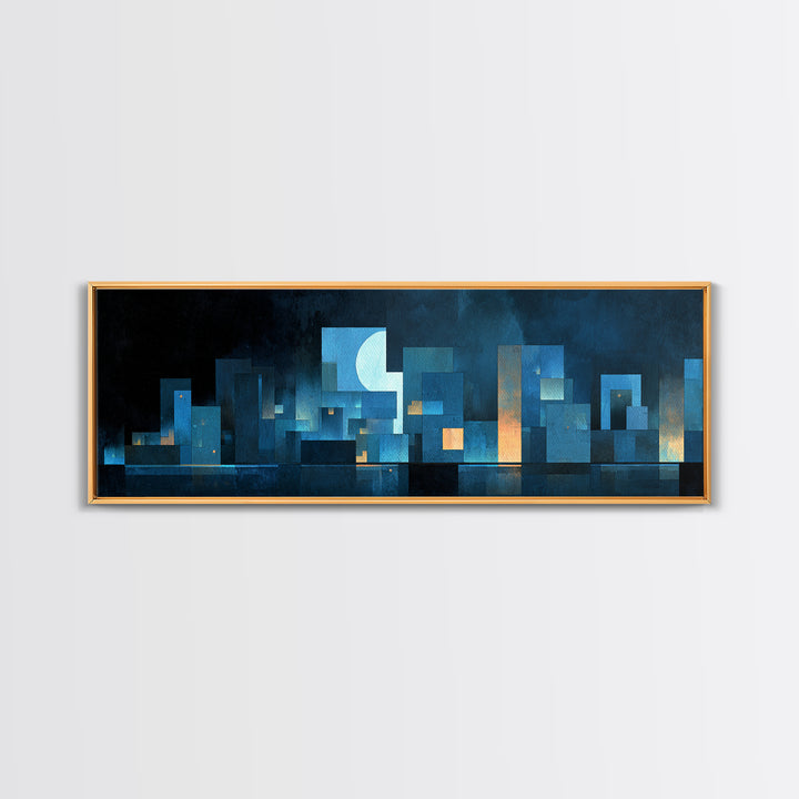 Blue Moon Geometric City Skyline Wall Art, Midcentury Modern Art Print, Abstract Urban Night Decor, MCM Living Room Poster