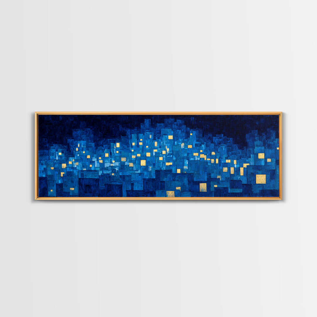 Mosaic Blue City Night Wall Art, Modern Abstract Art Print, Urban Skyline Lights, MCM Wall Decor, Large Living Room Artwork